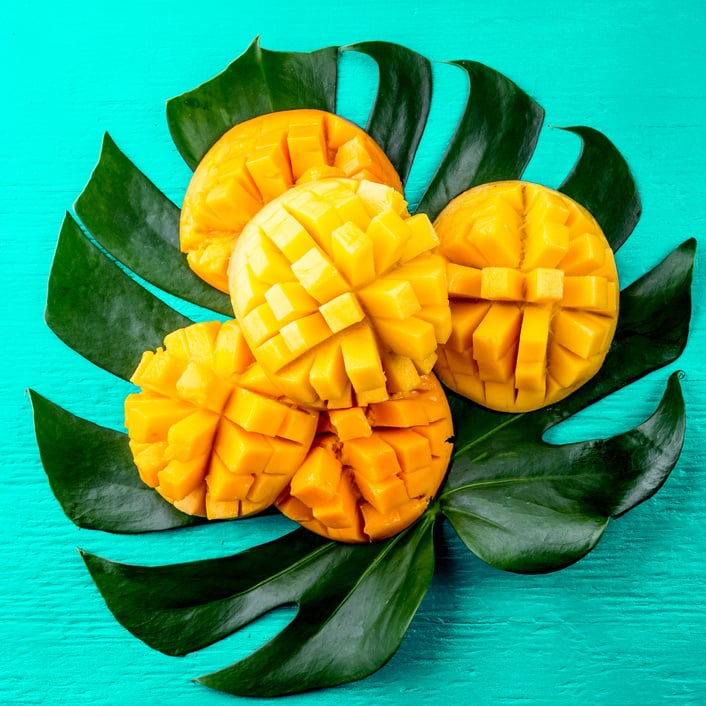 Creative Layout Made of Summer Tropical Fruits Mango and Tropical Leaves on Turquoise Background. Flat Lay. Food Concept. Tropical Concept